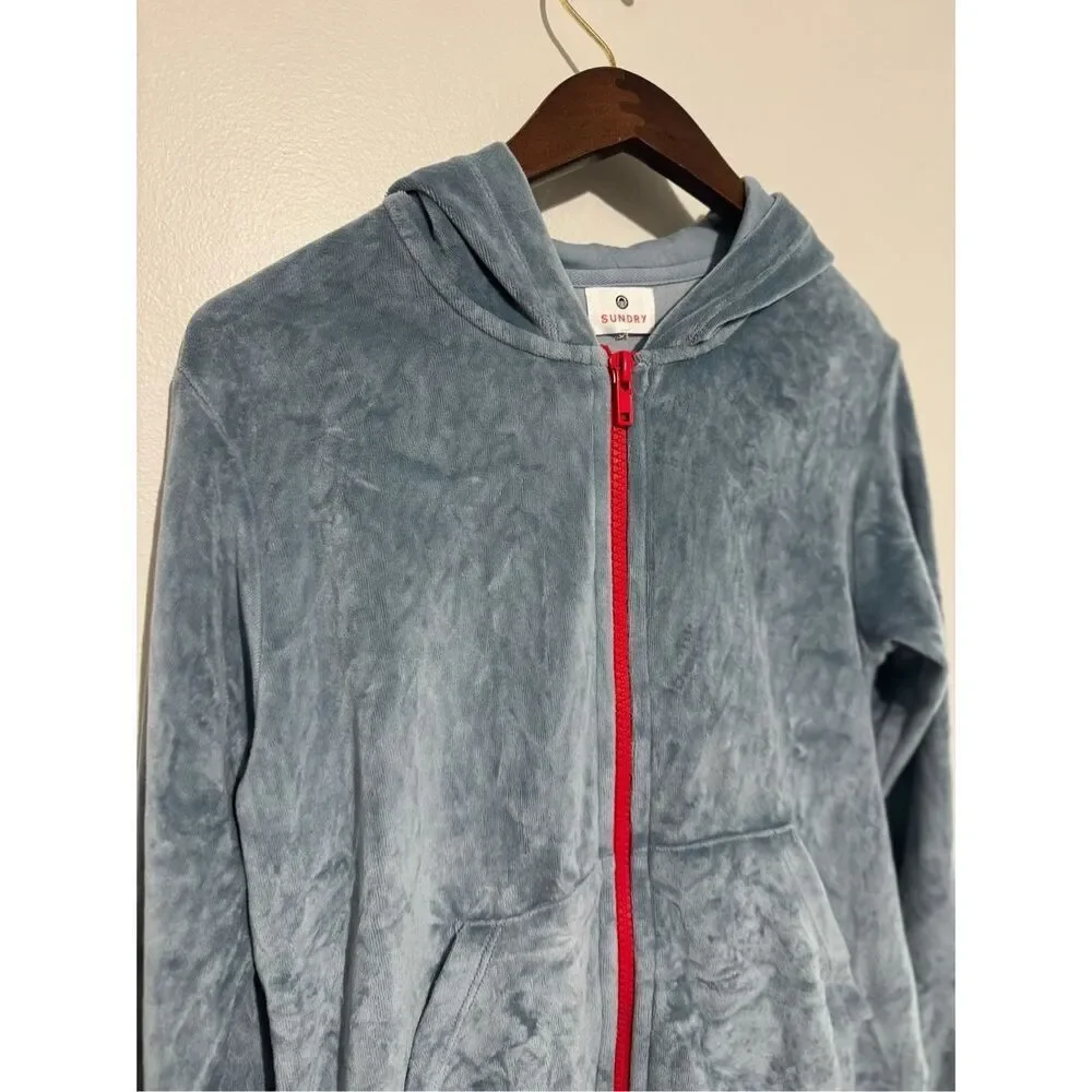 Sundry Zip Up Hoodie Velour Light Blue W/ Red Zipper Size 1 Small